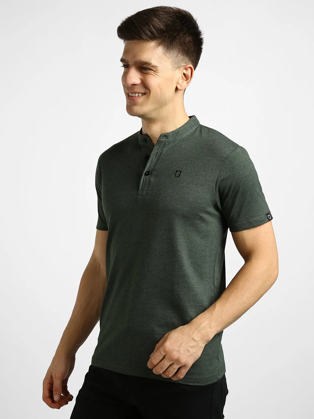 Men's Green Melange Solid Mandarin Collar Slim Fit Half Sleeve Cotton T-Shirt