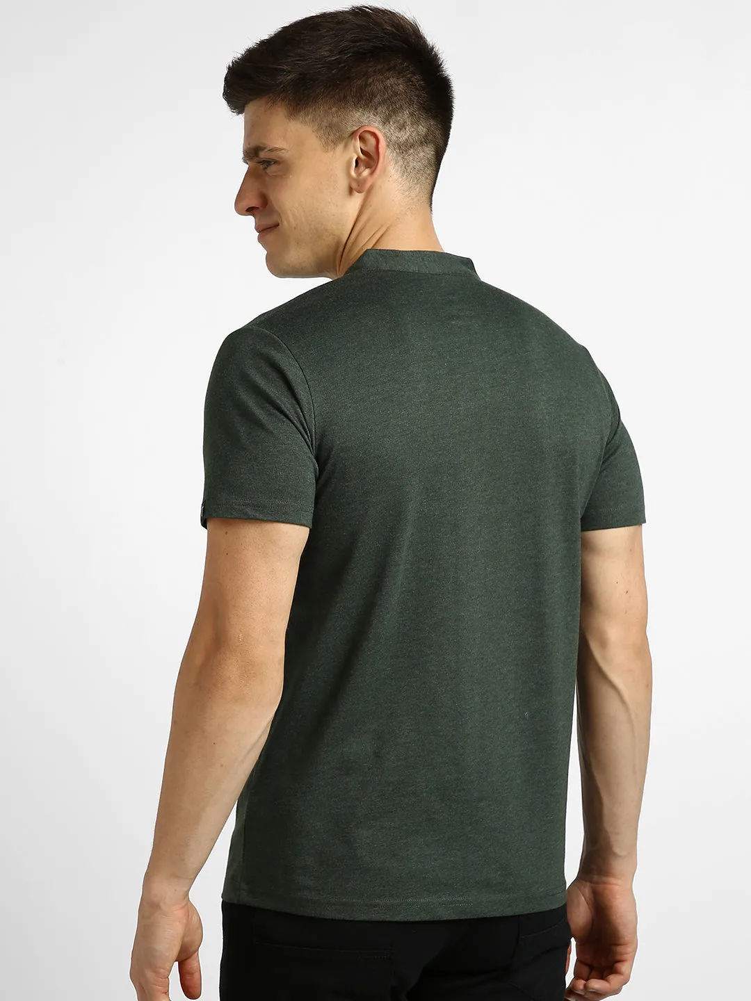 Men's Green Melange Solid Mandarin Collar Slim Fit Half Sleeve Cotton T-Shirt