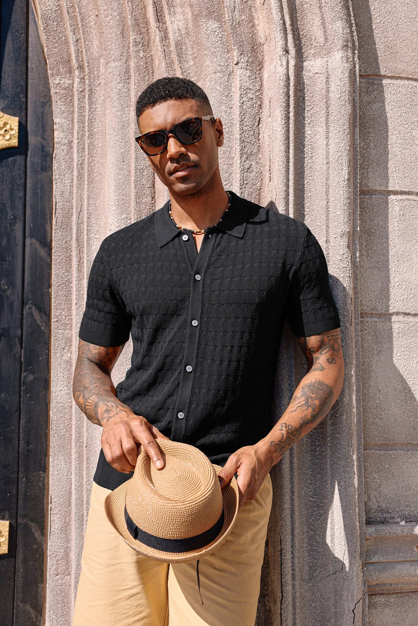 Men's Knit Polo Shirts Short Sleeve Cardigan Lightweight Casual Button Down Shirts Beach Tops