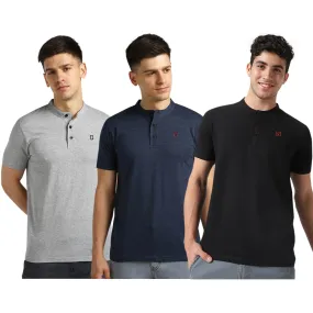 Men's Multicolor Solid Mandarin Collar Slim Fit Cotton T-Shirt Pack of 3