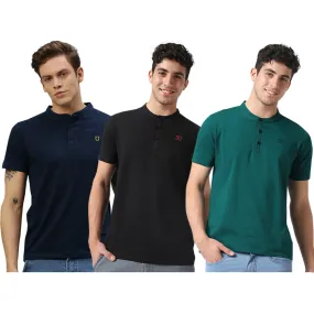 Men's Multicolor Solid Mandarin Collar Slim Fit Cotton T-Shirt Pack of 3