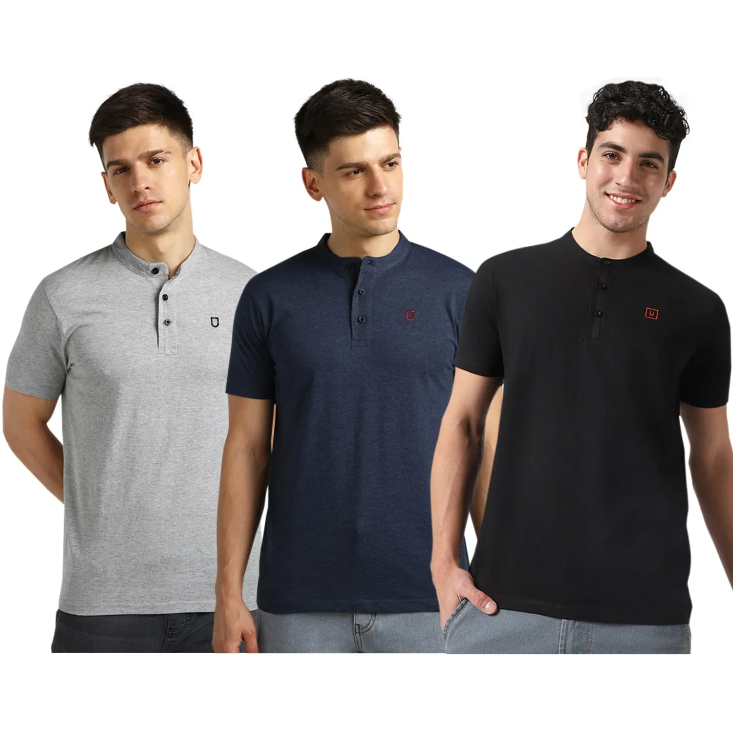 Men's Multicolor Solid Mandarin Collar Slim Fit Cotton T-Shirt Pack of 3