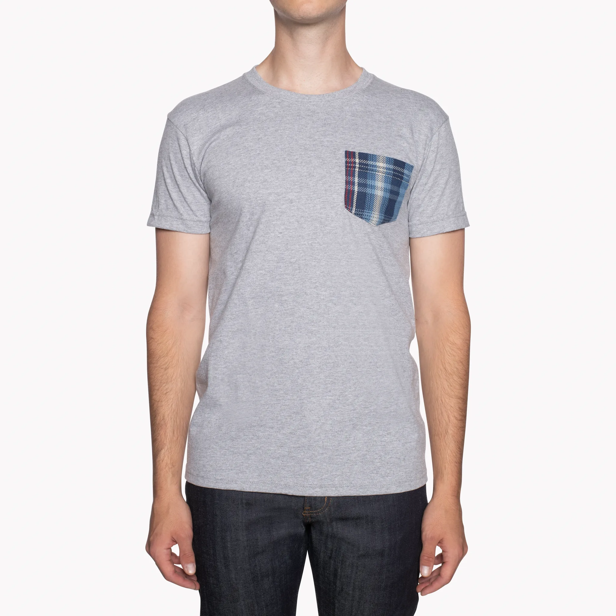 Pocket Tee - Heather Grey - Indigo Retro Plaid - Indigo