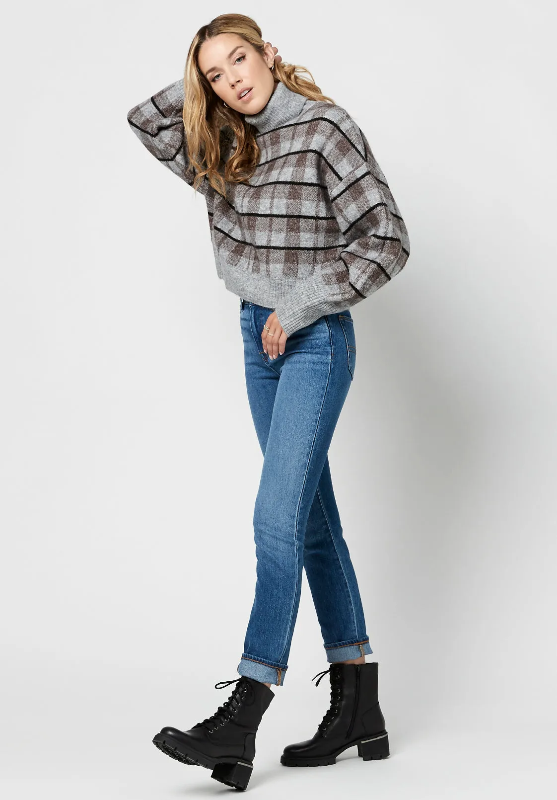 Remi Women's Sweater in Grey Windowpane Plaid - SW0557F