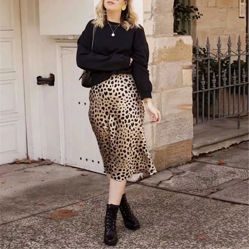 Retro Elastic Band High Waisted Leopard Print Satin Midi Skirt