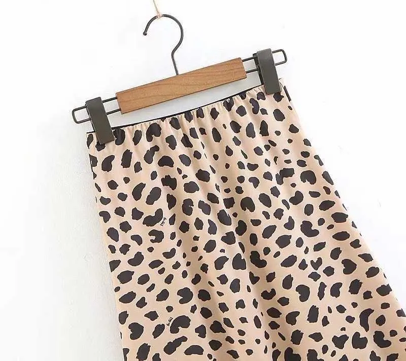 Retro Elastic Band High Waisted Leopard Print Satin Midi Skirt