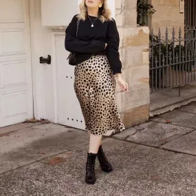 Retro Elastic Band High Waisted Leopard Print Satin Midi Skirt