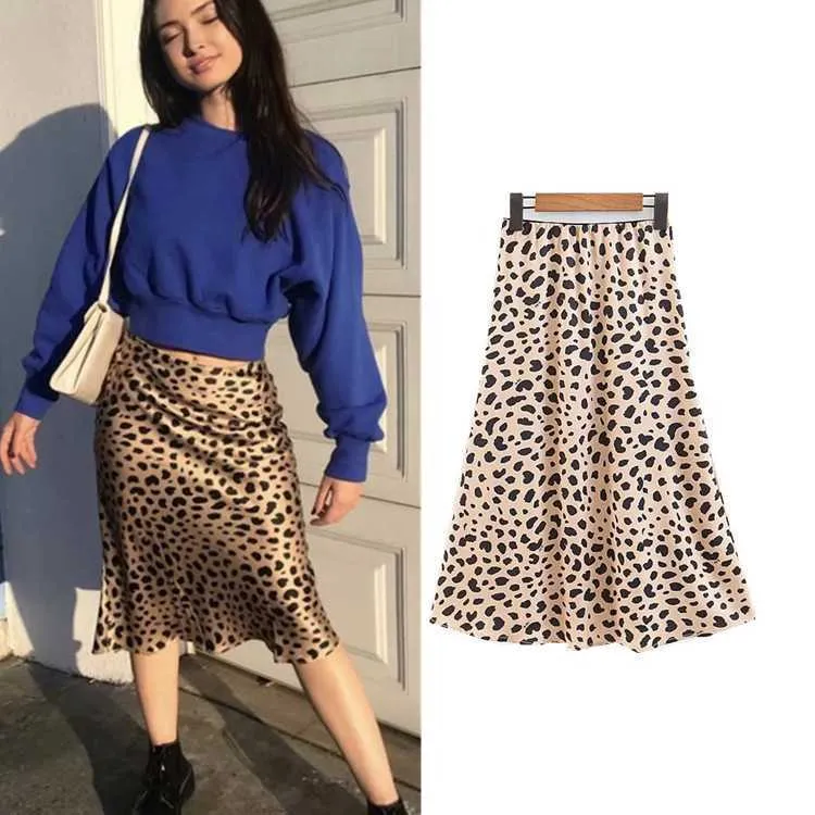 Retro Elastic Band High Waisted Leopard Print Satin Midi Skirt