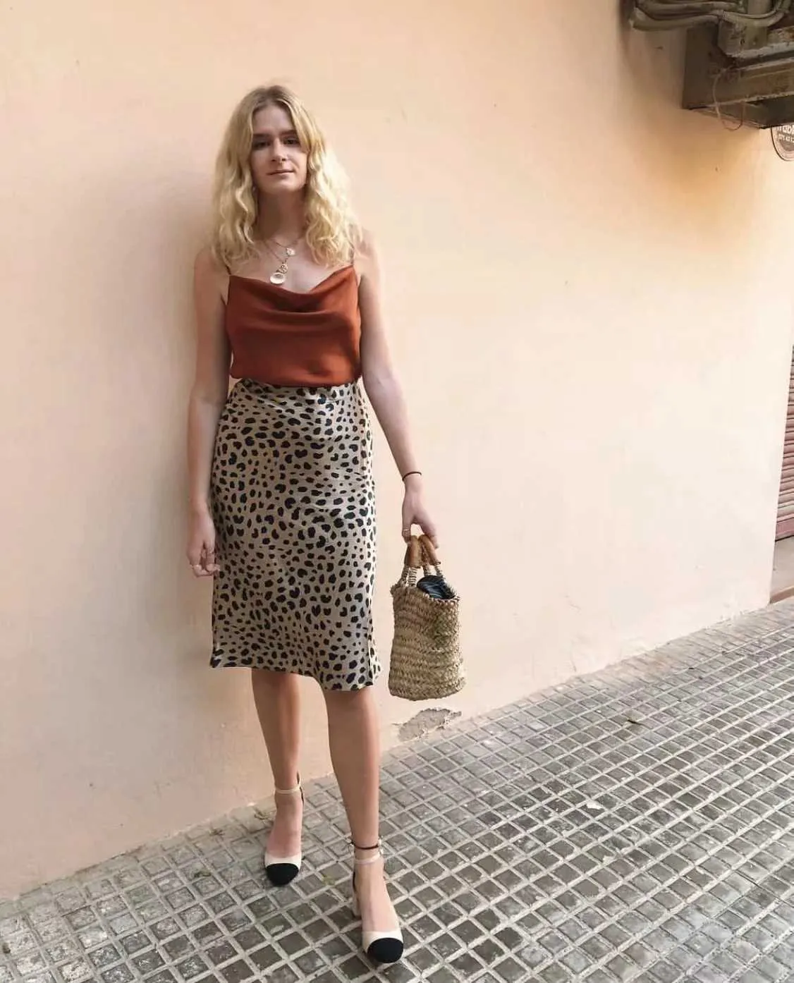 Retro Elastic Band High Waisted Leopard Print Satin Midi Skirt