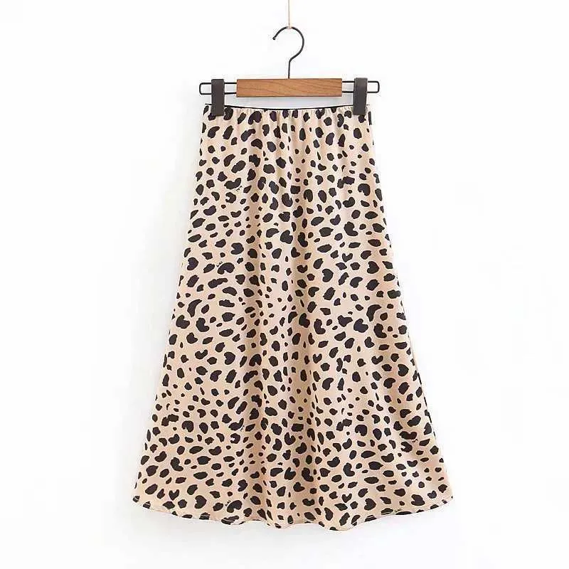 Retro Elastic Band High Waisted Leopard Print Satin Midi Skirt