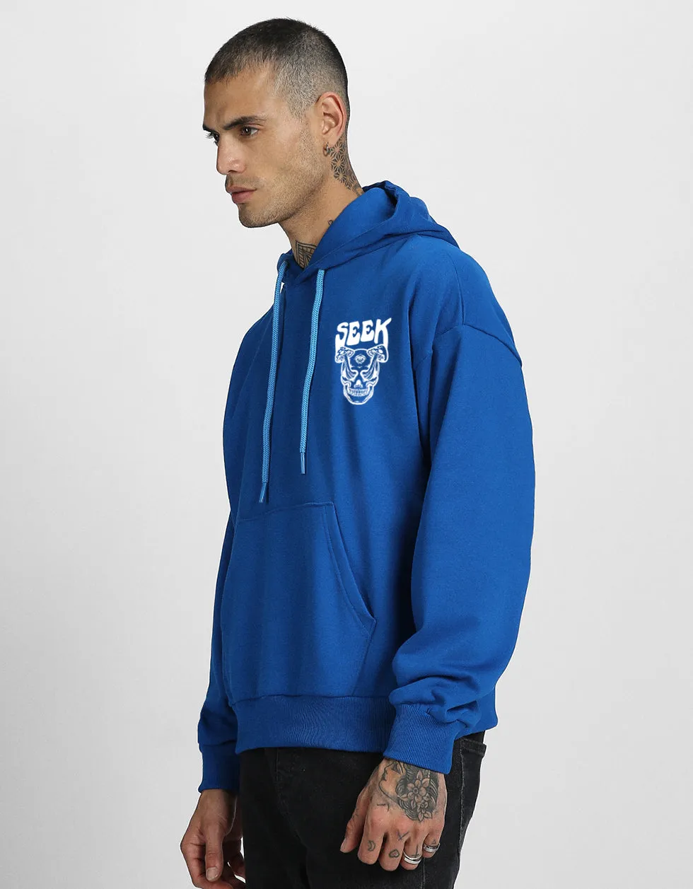 Seek Blue Oversized Pocket Graphic Printed Hoodie