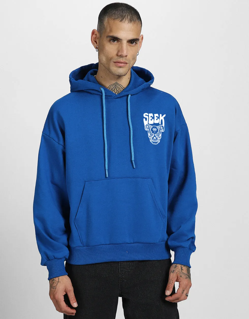 Seek Blue Oversized Pocket Graphic Printed Hoodie