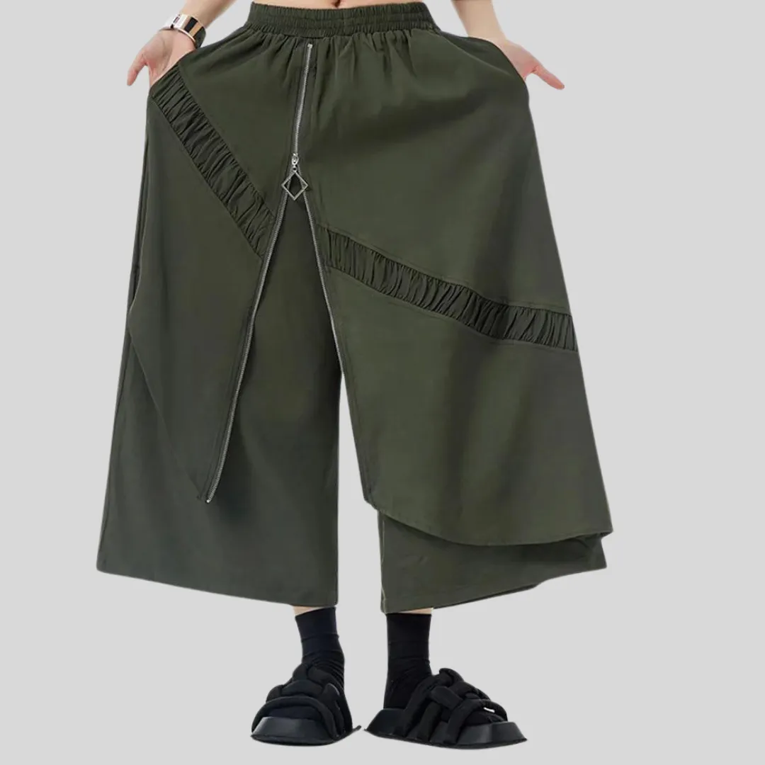 Simple Moderne Street Punk Irregular Design Overlay Olive Green Trousers