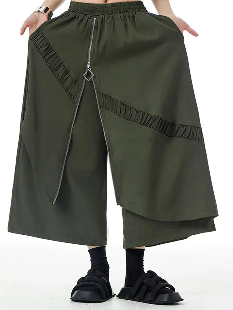 Simple Moderne Street Punk Irregular Design Overlay Olive Green Trousers