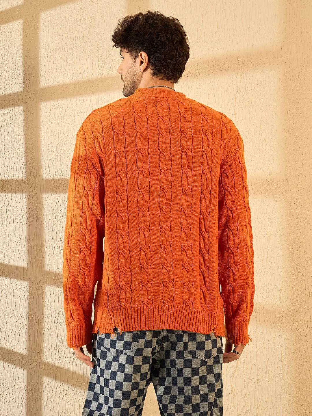 Tangerine Cable Knit Distressed Sweater