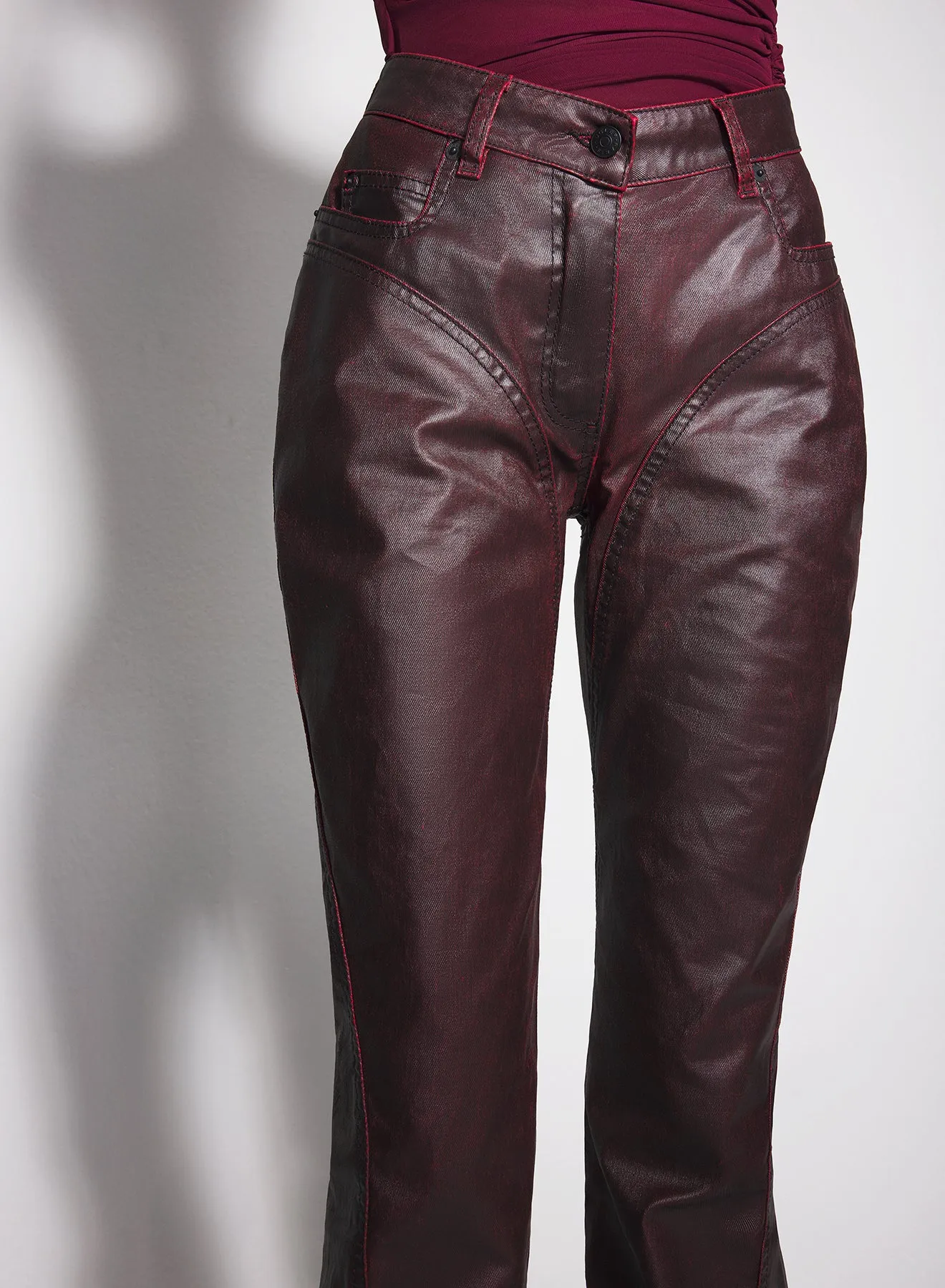 vampire red waxed denim pants