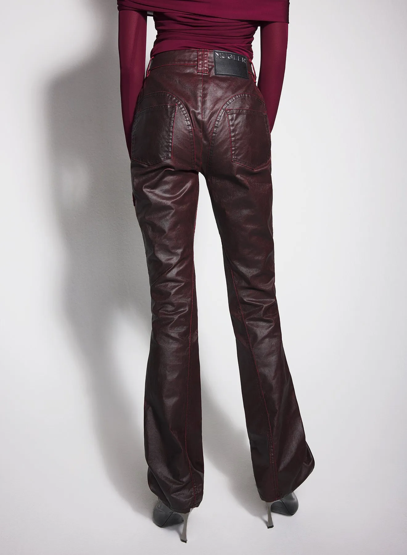 vampire red waxed denim pants