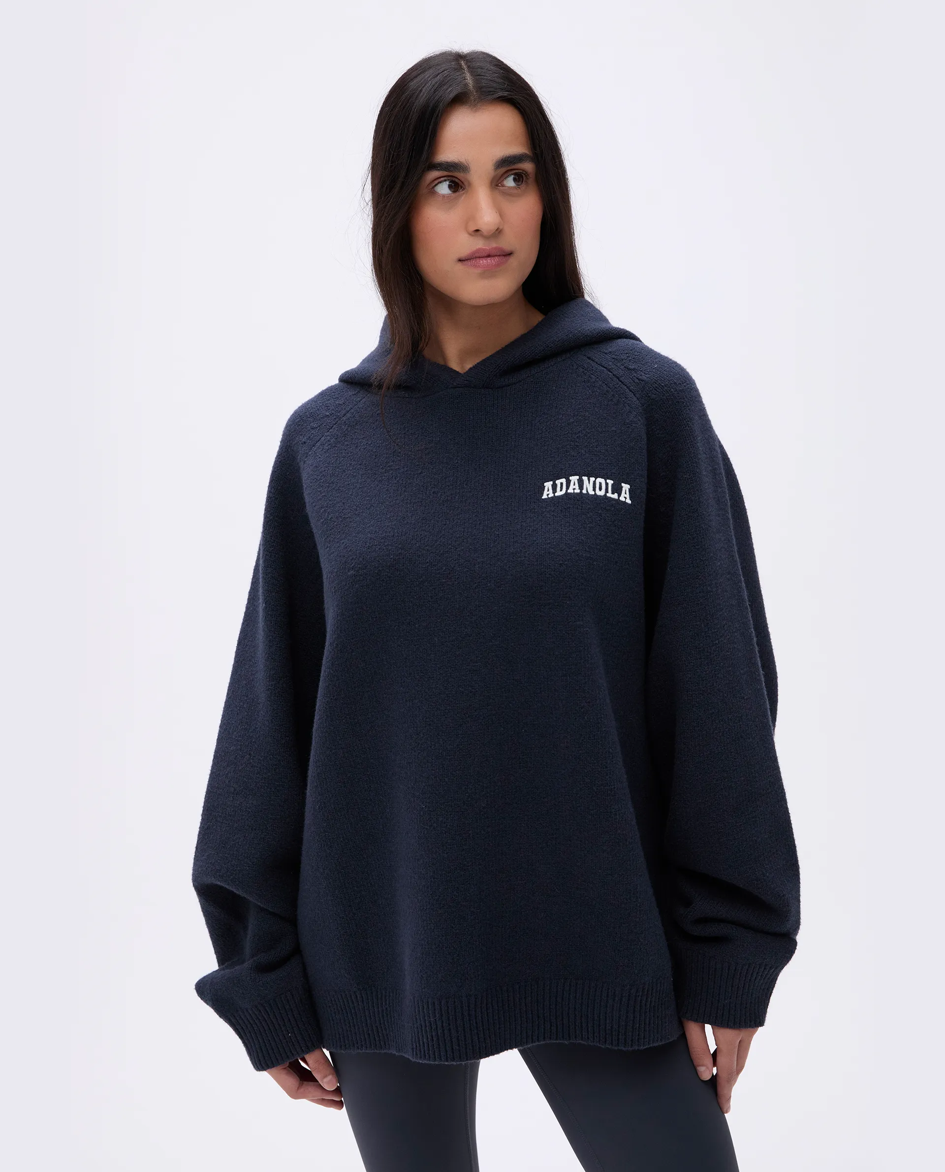 Varsity Oversized Knit Hoodie - Deep Midnight Blue/Cream