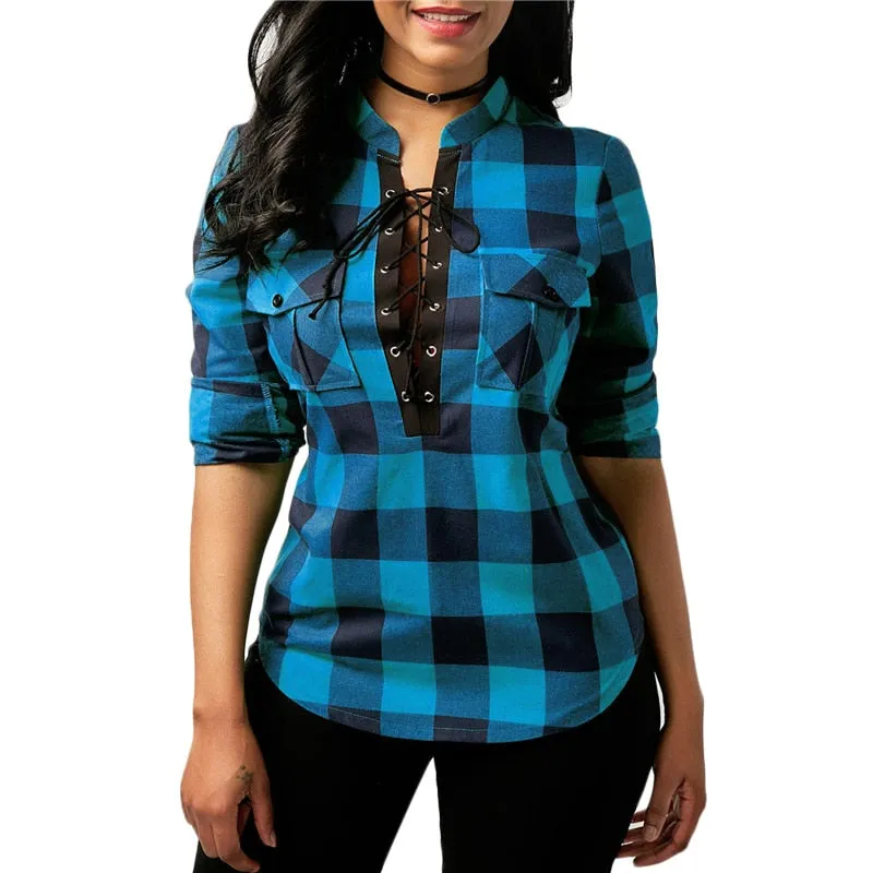 Women's Fashion Top Plaid Blouse Shirt